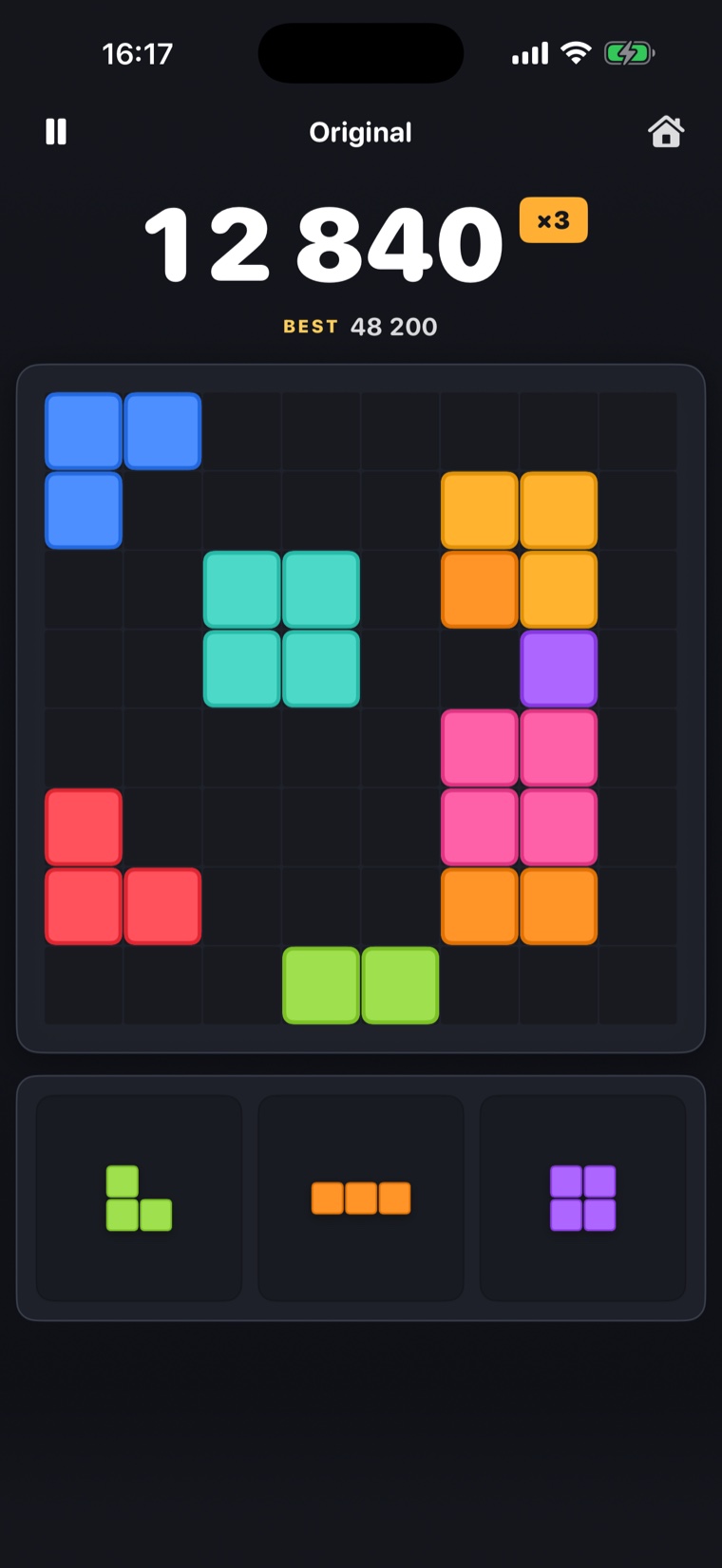 Gridblitz Original mode gameplay — score 12 840, multiplier ×3, best 48 200.